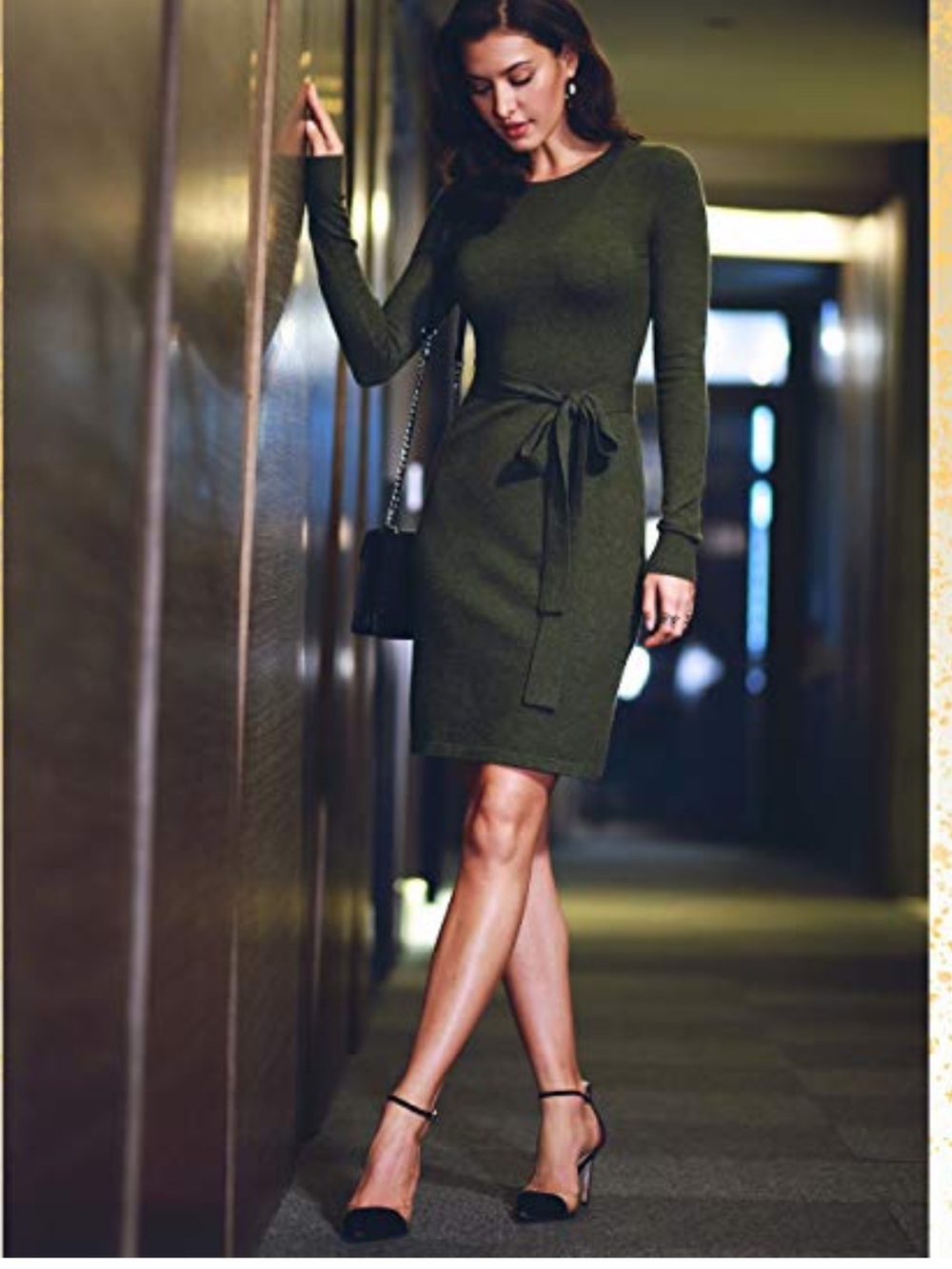 PattyBoutik Olive Green Long-Sleeve Tie-Waist Knit Dress